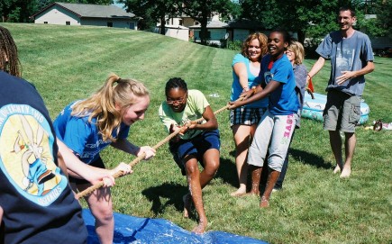 Teens from the Northtown church in Milwaukee play tug-of-war at a retreat. – (photo by John McAdams)