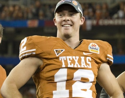Colt McCoy celebrates the Texas Longhorns' 24-21 win over Ohio State in the 2009 Tostitos Fiesta Bowl in Glendale