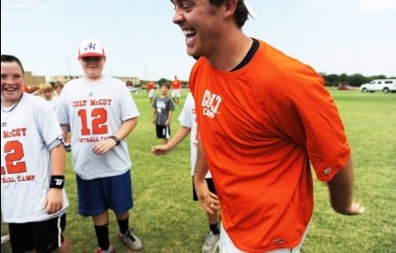 Cleveland Browns quarterback Colt McCoy keeps things lighthearted during his recent football camp at Abilene Christian University in Texas. The Church of Christ member and former University of Texas star wowed more than 100 young campers. McCoy told the Abilene Reporter-News he wanted to teach the campers not only football fundamentals but also about "the second aspect of playing football â€” character development." – PHOTO BY VICTOR CRISTALES