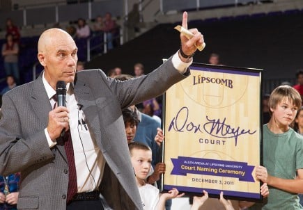 Don Meyer speaks at the Dec. 3 dedication of a court in his name in Lipscomb University's Allen Arena in Nashville