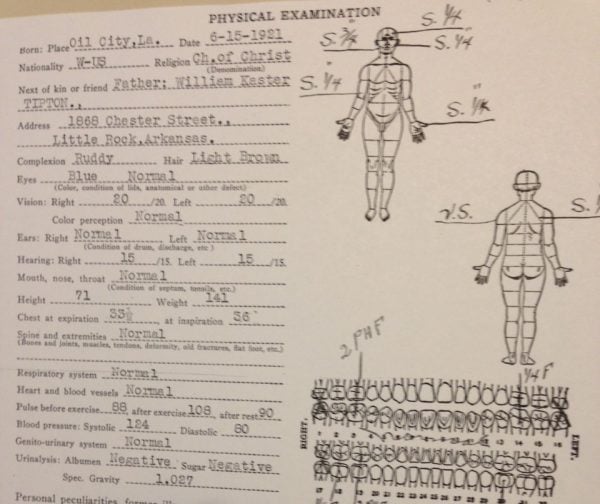 On a medical form, U.S. Navy sailor Henry Glenn Tipton gave his religious affiliation as Church of Christ.