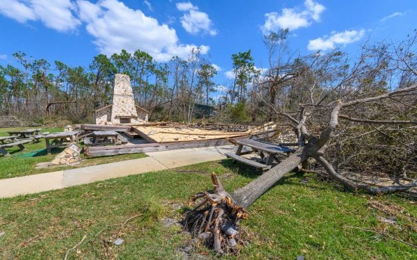 The damaged pavilion area at the Jenks Avenue Church of Christ in Panama City, Fla.
