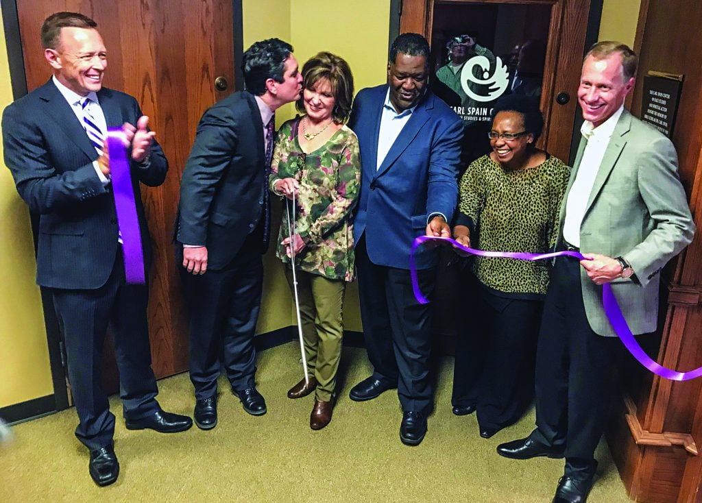 Celebrating the ribbon cutting for the Carl Spain Center for Race Studies and Spiritual Action are, from left, Abilene Christian University President Phil Schubert, Spain’s grandson Gavin Rogers, Spain’s daughter Claudette Rogers, founding director Jerry Taylor, ACU management sciences professor Orneita Burton and ACU Provost Robert Rhodes.
