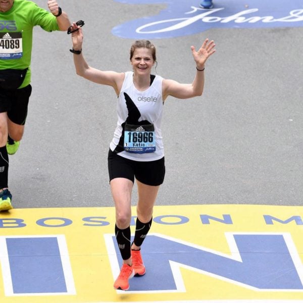 Katie Clark crosses the 2019 Boston Marathon finish line with a time of 3:24:04.