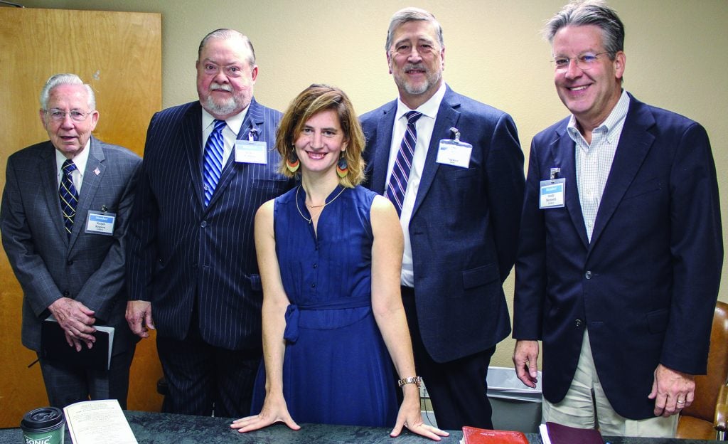 Christa Sanders Bryant with elders Ralph Rogers, Wiley Collins, Chris Parker and Andy Bennett at the New York Avenue Church of Christ in Arlington, Texas. The congregation’s other elder, Charles Hervey, was teaching an adult Bible class.