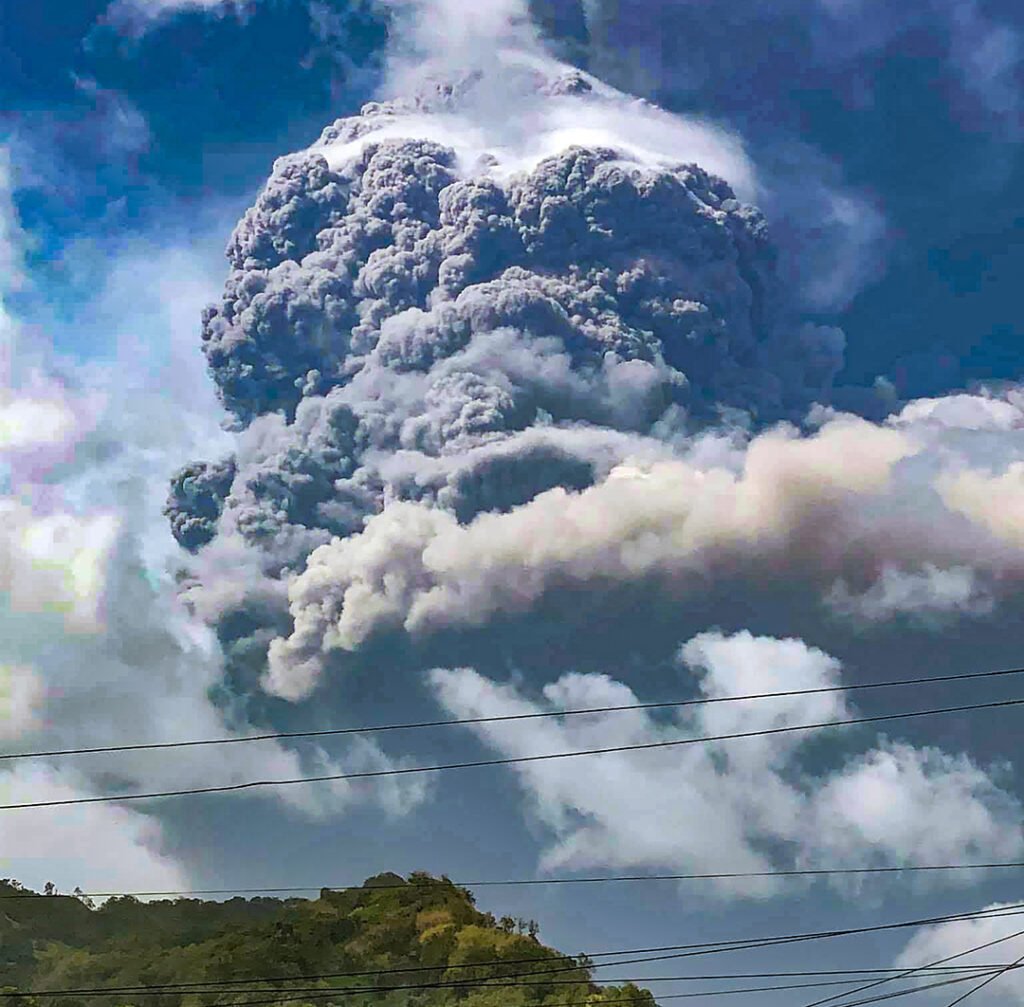 The stratovolcano La Soufriere (French for “sulfurous”) shoots ash thousands of feet above St. Vincent.