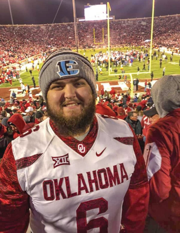 Josh Oakley, an avid fan of Oklahoma Sooners football, celebrates a win by his favorite team. At the family’s suggestion, many wore sports attire to his funeral.