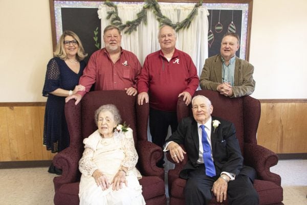Robert and Wilma Huffaker with their four children — from left to right, Suzette Hall, Steve, Stanley and Scott — at their 75th anniversary celebration.