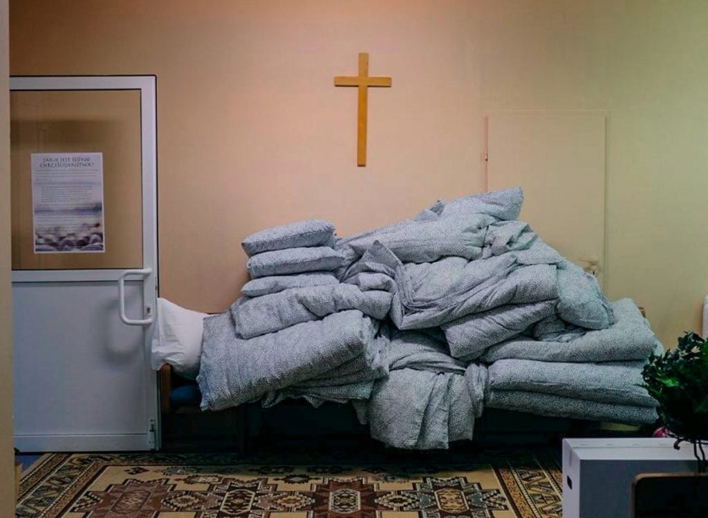 Bedding awaits Ukrainian refugees at the meeting place of the Sopot Church of Christ in Poland.