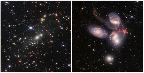 Left, the galaxy cluster SMACS 0723. Right, Stephan’s Quintet, a visual grouping of five galaxies best known for being prominently featured in the holiday classic film, “It’s a Wonderful Life.”