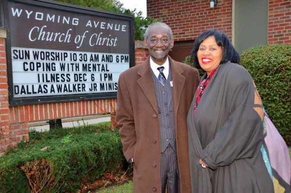 Dallas Walker Jr. with church member Brenda Jones outside the Wyoming Avenue Church of Christ in Detroit in 2