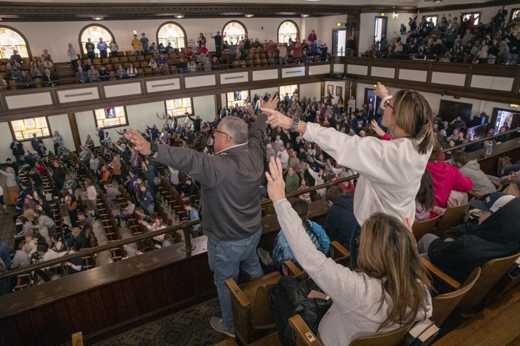 Students worship during the 16-day revival at Asbury University in Wilmore, Ky.