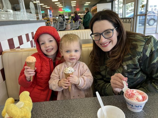 Tamie Ross enjoys an ice cream treat with her grandson, Bennett, and granddaughter, Norah.