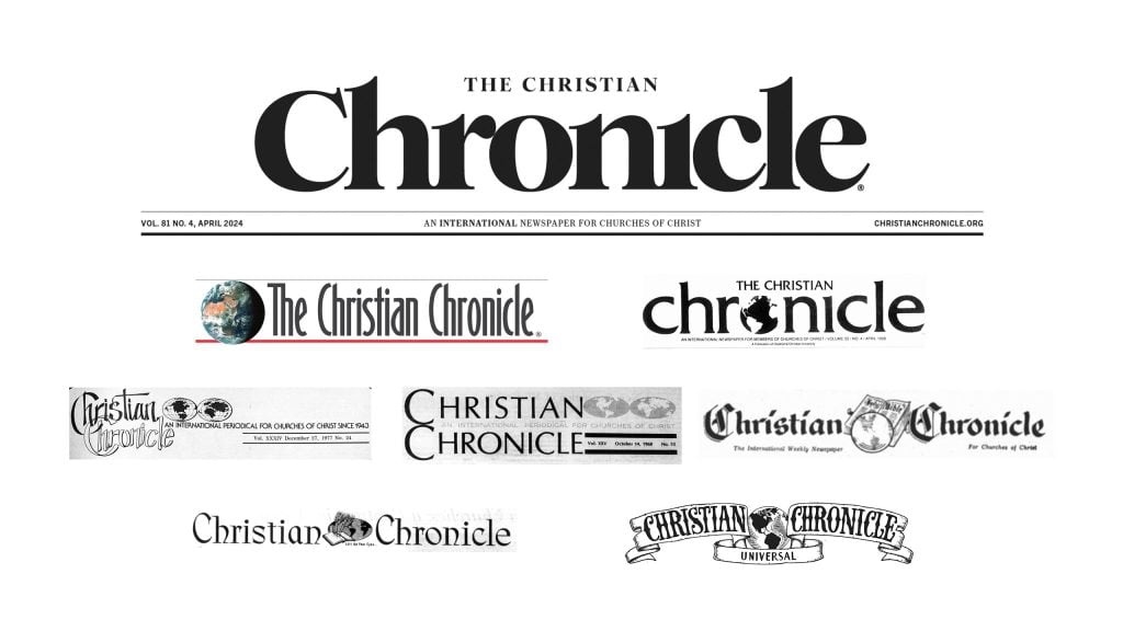 Past, current and future mastheads of The Christian Chronicle — in production since 1943 — are shown. The redesign of the print newspaper under the new masthead will launch in the May issue after months of preparation.
