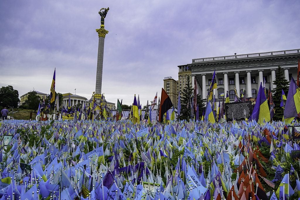 Ukranian flags line Kyiv’s Maidan Nezalezhnosti (Independence Square), each honoring a Ukrainian who lost their life in the war with Russia.