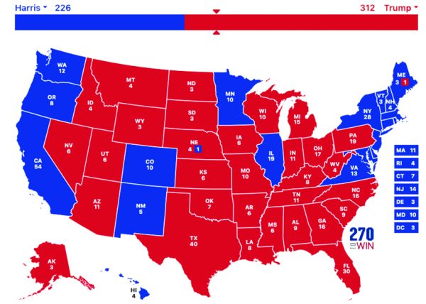 A map from 270towin.com shows the Electoral College breakdown in the 2024 presidential election. 