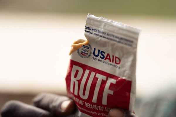 A packet of MANA (seen here in Uganda) bears the logo of USAID.