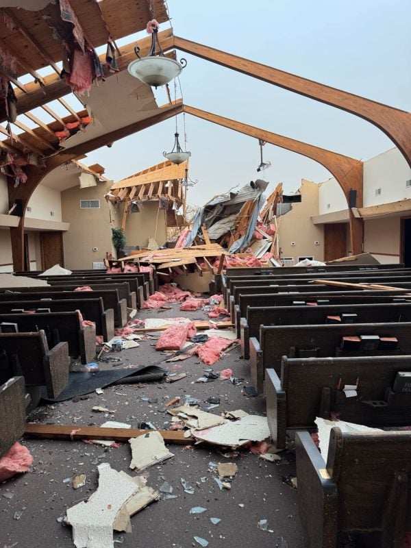 Devastating storms ripped the roof off of the Cave City Church of Christ building.