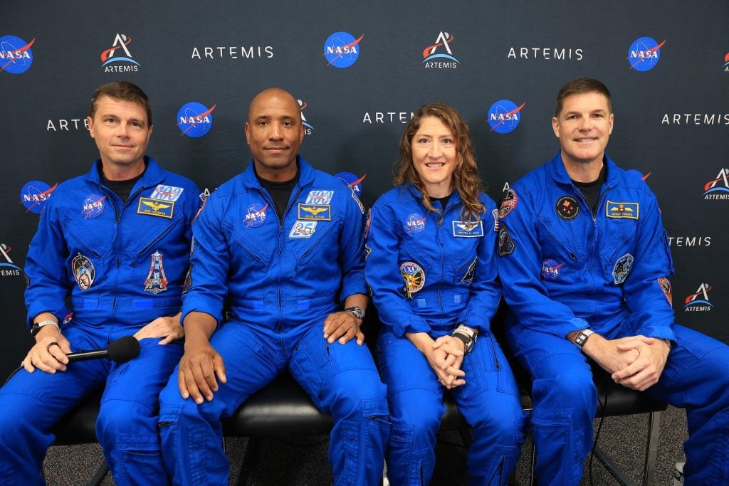 Pilot Victor Glover, second from left, with Artemis II crew members, including Commander Reid Wiseman and mission specialist Christina Koch and mission specialist Jeremy Hansen.