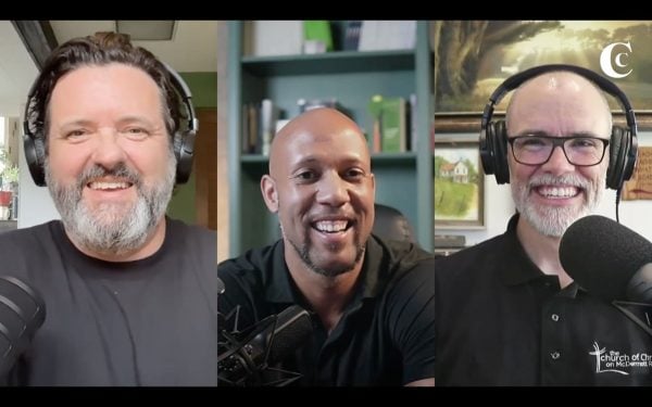 Ministering with microphones 2 MyCelestialApp B.T. Irwin, Marcus Stenson and Wes McAdams record an episode of The Christian Chronicle Podcast.