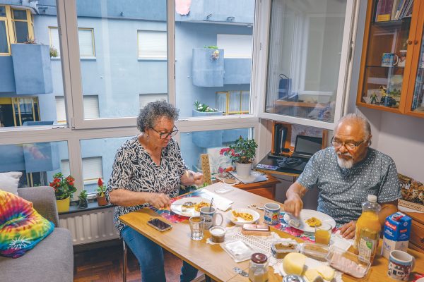 Breakfast in the Andrades' Vigo apartment features juice, coffee, and Luisa's handmade arepas, a small Venezuelan cornmeal cake.