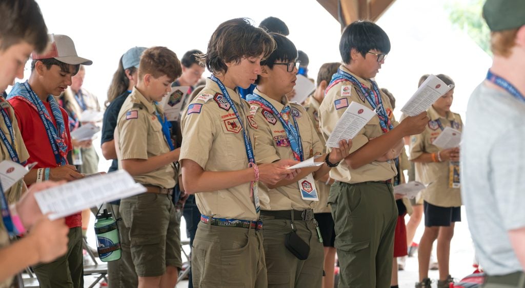 Scouts sing a cappella hymns at the National Jamboree in Glen Jean, W.Va.