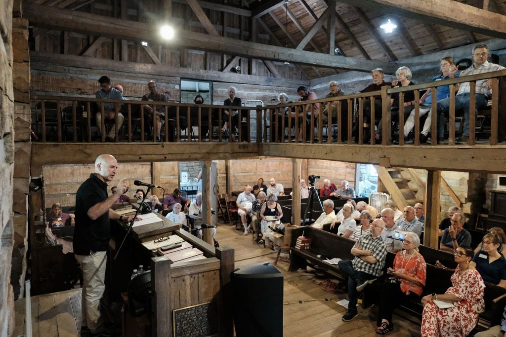 James L. Gorman, director of the Center for Restoration Studies at Abilene Christian University, gives a lecture on interracial revivalism and women exhorters at the 225th anniversary celebration of the Cane Ridge Revival in Bourbon County, Ky.
