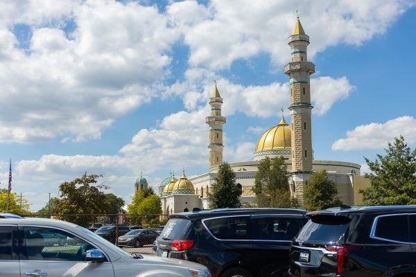 Muslim drivers leave a Dearborn, Mich., mosque after a Friday prayer service.