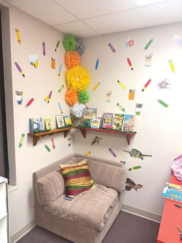 A reading nook offers a place for children at the Sandstone library.